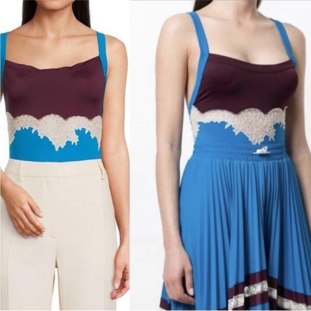 Valentino Garavani Burgundy, Blue with Italian Lace Bodysuit. NWT. Size XS